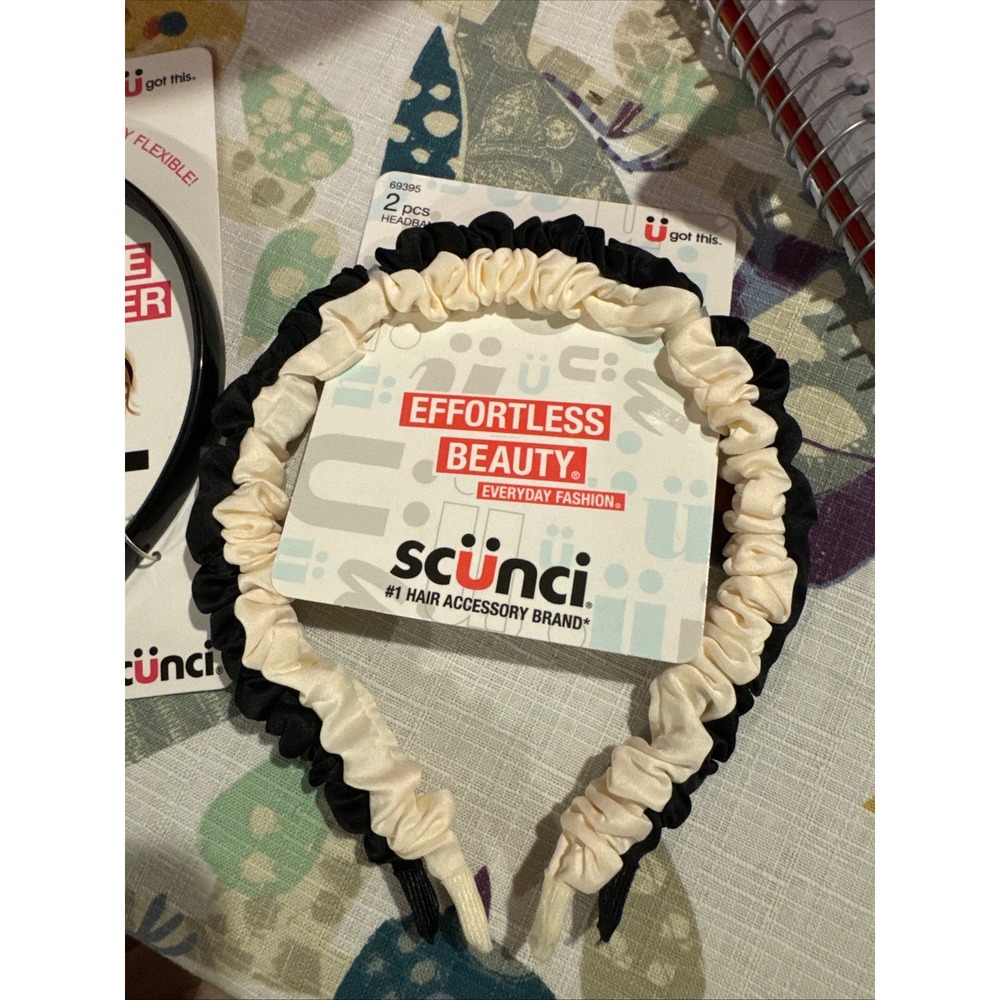 Scunci Headband Bundle 3pc No-Slip Grip Flexible & Scrunchie Black Cream 69395 - Picture 2 of 5